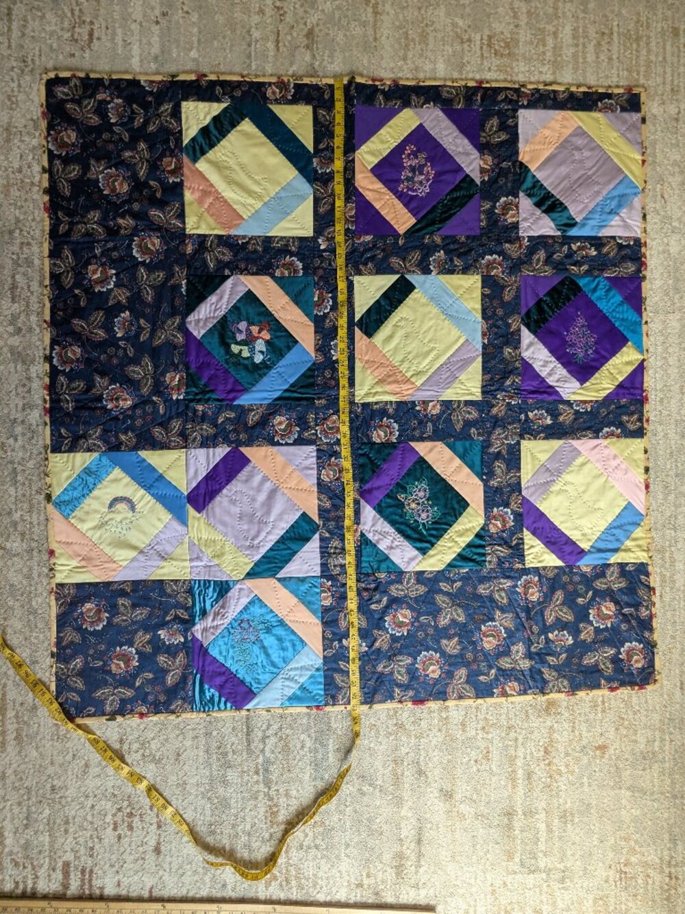 Handmade Patchwork Quilt Throw Blanket 51x53 Multicolored Embroidered